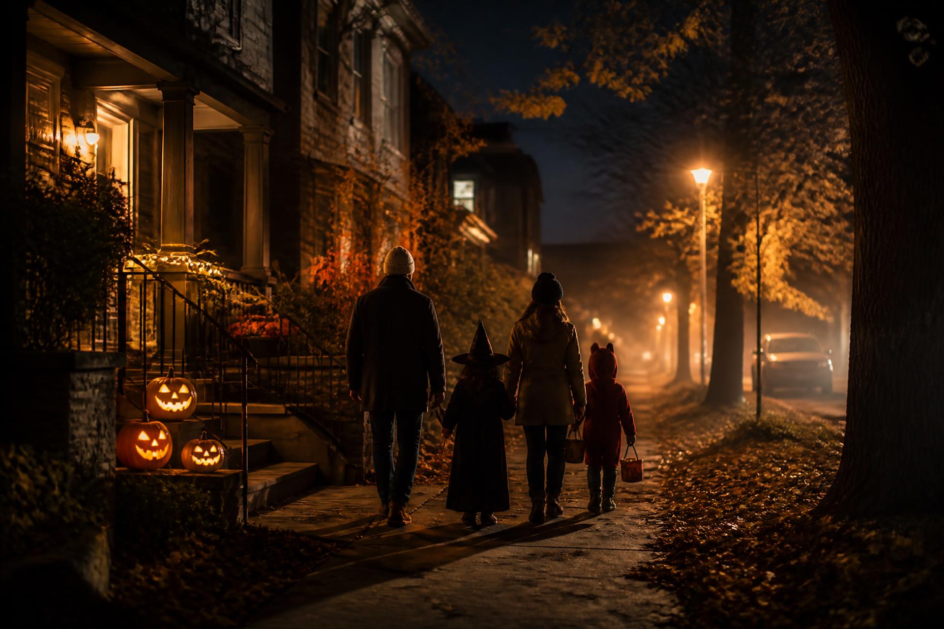 Rue résidentielle décorée le soir de l'Halloween, citrouilles allumées et famille costumée